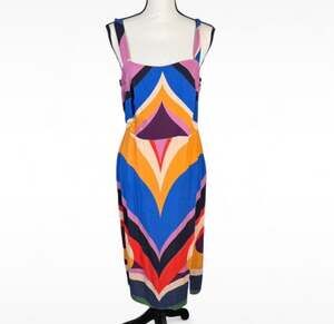 FARM Rio Graphic Heart Midi Slip Dress Size L Vibrant Geometric Print Scoop Back